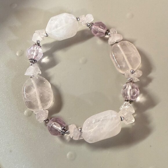 Rose Quartz & Amethyst Color Beaded Stretch Bracelet Women Adjusts - Picture 9 of 16